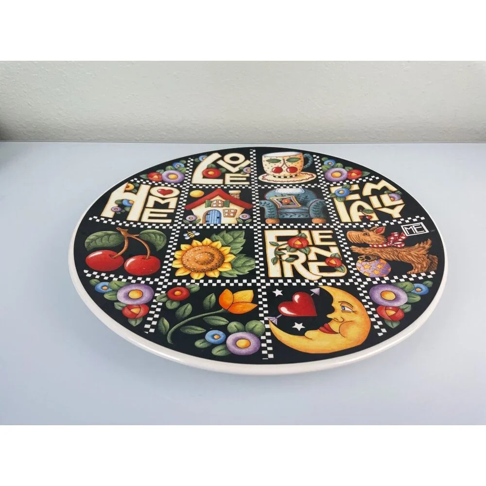 VTG 2000 Santa Barbara Ceramic Design Mary Engelbreit USA Black Platter Floral